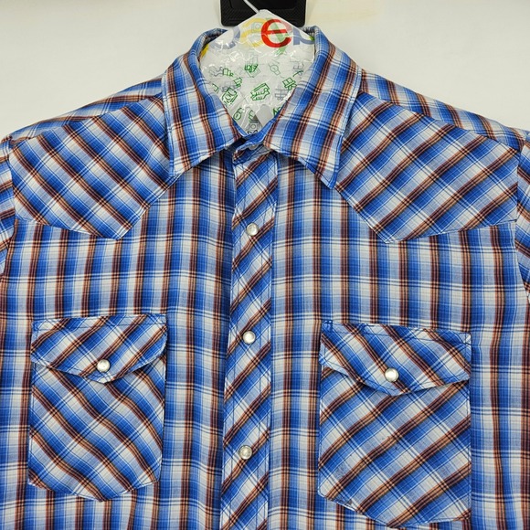 Wrangler Shirt Mens Medium Pearl Snap Western Short‎ Sleeve Rodeo Plaid Blue - Picture 2 of 11